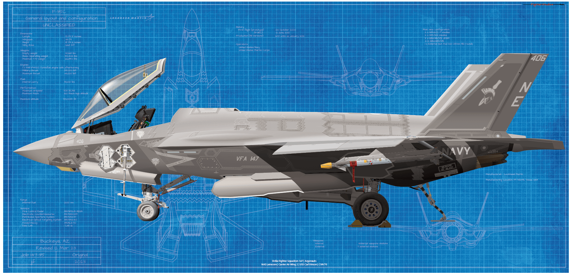アメリカ海軍 F-35C VFA-147アルゴノーツ パッチ Aircraft profile print of F-35C Lightning II VFA-147 Argonauts